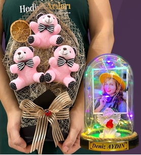 Kişiye Özel Renkli Led Işıklı Fanus ve Büyük Boy Pembe Ayıcık Buketi (Model 4)