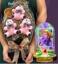 Kişiye Özel Renkli Led Işıklı Fanus ve Büyük Boy Pembe Ayıcık Buketi (Model 4)