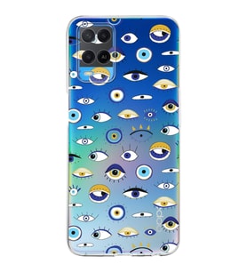 PrintiFy Oppo A54 4G ile Uyumlu Nazar Boncuğu 2 Baskılı Kamera Korumalı Şeffaf Silikon Kılıf