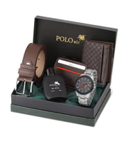 Polo Air Erkek Kol Saati Dama Desen Cüzdan Kemer Kartlık Parfüm Kombin Set Gümüş Kahverengi Renk PL-0992E3 (Gümüş-Siyah)