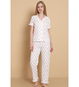 Mirano 3856 Desenli Bürümcük Gömlek Yaka Düğmeli Kısa Kollu Kadın Pijama Takımı