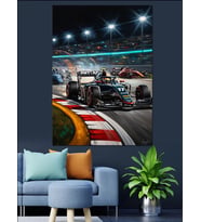 Gece Yarısı Yarış Pisti Ve Formula 1 Arabaları Dekoratif Kanvas - Mdf Ahşap Tablo
