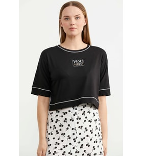 Sim Detaylı Oversize Crop Tişört - Siyah