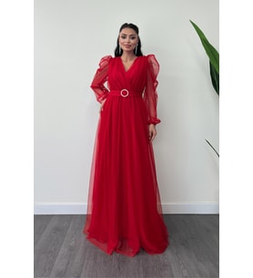 Tül Kumaş Kruvaze Yaka Maxi Elbise - KIRMIZI