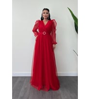 Tül Kumaş Kruvaze Yaka Maxi Elbise - KIRMIZI