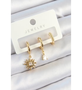 Pirinç Zirkon Taşlı Güneş Model Gold Renk 3'lü Çift Kadın Küpe Set 588 - HEP-3510-149
