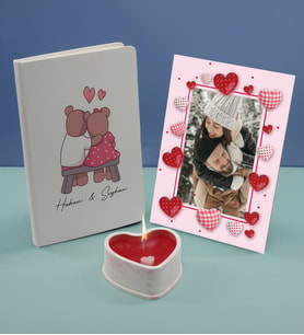 BK Gift Sevgililere Özel Beyaz Defter Dekoratif Çerçeve ve Kalp Taş Obje Kokulu Mum Hediye Seti-3, Sevgiliye Hediye, Sevgililer Günü