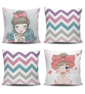 Alkanhomes Fashion Girls Temalı 4 lü Kombini Dijital Baskılı Kırlent Kılıfı
