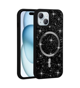 iPhone 15 Plus Kılıf Pırlanta Tasarımlı M-safe Şarj Özellikli Mozaik Silikon Kapak (Siyah)