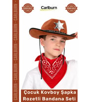 #Kostüm Western Parti Doğum Günü Kostüm Çocuk Kovboy Şapka Rozetli Kahverengi Kırmızı Bandana Seti