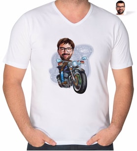 BK Gift Kişiye Özel Erkek Motorcu Karikatürlü V Yaka Tişört-2 (Beyaz)