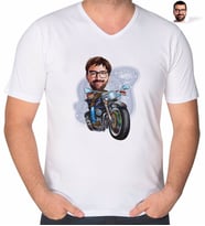 BK Gift Kişiye Özel Erkek Motorcu Karikatürlü V Yaka Tişört-2 (Beyaz)
