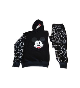 Mickey Mause Baskılı Kapüşonlu Siyah Pijama Takımı
