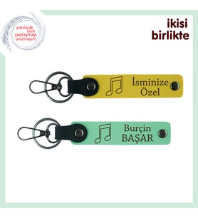 Eşinle İlk Konserin Hatırasına, Notalı Yazılabilir Deri Anahtarlık Seti, Sarı-Açık Yeşil
