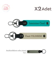 Yılbaşı İçin Romantik Hediye, İsimli 2’li Anahtarlık Hediye Takımı, Koyu Turkuaz-Sütlü Kahve-Gri