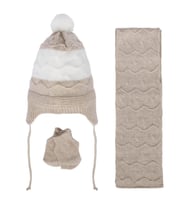 Unisex Kahve Beyaz Dalga Desenli Triko Atkı Bere Set