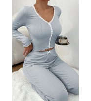 Merry See Önden Düğmeli Uzun Kollu Şık Pijama Takımı (Mavi)