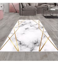 Beyaz Mermer Desenli Gold Detay Yıkanabilir Kaymaz Taban Leke Tutmaz Modern Salon Halısı ve Yolluk