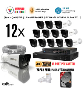 EXİTCAM 12 Kameralı 5MP IP PoE Güvenlik Seti – 16 Kanal NVR, 500 GB HDD, Renkli Gece Görüşü, İnsan ve Plaka Algılama