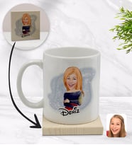BK Gift Kişiye Özel Kadın Karikatürlü Beyaz Kupa Bardak ve Ahşap Bardak Altlığı Hediye Seti - Model 12