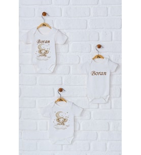 Pia Baby Premium %100 Pamuk İsme Özel Organik Baskılı Üçlü Set Çıtçıtlı Bebek Body Zıbın Modelleri 5030-18 (Ekru)