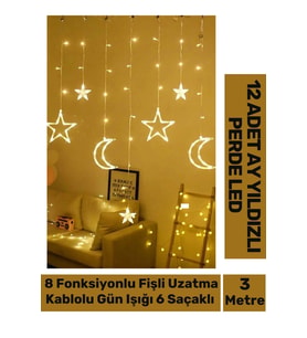 Özel Üretim 8 Fonksiyonlu Fişli Uzatma Kablolu Gün Işığı 6 Saçaklı 12 Adet Ay Yıldız Perde Led 3m