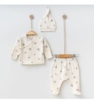 BabyŞen %100 Organik Pamuk Desenli 0-3 Ay 3'lü Bebek Takım & Seti (Bej)