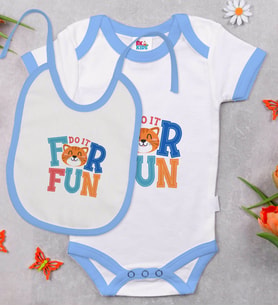 BK Kids For Fun Tasarımlı Mavi Bebek Body Zıbın ve Mama Önlüğü Hediye Seti-1