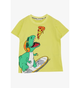 Breeze Erkek Çocuk Tişört Pizza Yiyen Mutlu Dinozor Baskılı 2-6 Yaş, Sarı