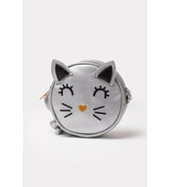 Yuvarlak Kedi Kafası Tasarımlı Kız Çocuk Omuz Çantası Suni Kız Çocuk Çantası (Gümüş)