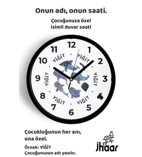 İsme Özel Balina Çocuk Odası Duvar Saati Orta Boy 30 cm Siyah Camlı Sessiz