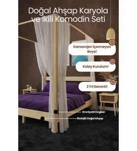 Natura Ci̇bi̇nli̇kli̇ Model Masif Ahşap Karyola ve 2 Adet Komodin Kolay Kurulum Fırınlanmış İthal Sibirya Çamı 150x200 Yatak Uyumlu 2 Adet Komodin