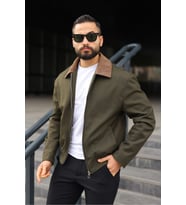 Kadife Yakalı Trucker Model Ceket (Haki)