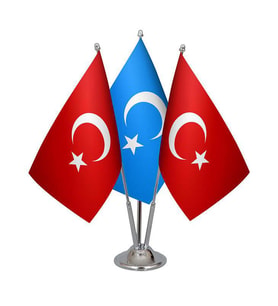 Masa Üstü Doğu Türkistan Bayrağı Türk Bayrağı Üçlü Krom Direk Masa Bayrak Seti