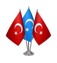 Masa Üstü Doğu Türkistan Bayrağı Türk Bayrağı Üçlü Krom Direk Masa Bayrak Seti