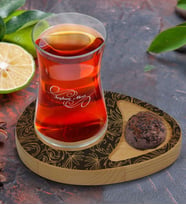 BK Gift Kişiye Özel Retro Motif Tasarımlı Doğal Ahşap Tabaklı Heybeli Çay Bardağı Sunum Seti Model 16