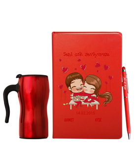 Sevgililer Gününe Özel Deri Kırmızı Defter Kalem & Termos Mug Hediye Seti 14