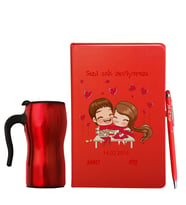 Sevgililer Gününe Özel Deri Kırmızı Defter Kalem & Termos Mug Hediye Seti 14