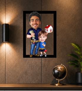 Kişiye Özel Baba ve Çocuk Karikatürlü Çerçeveli Tablo – Fotoğraftan Aile Temalı Portre Hediyesi