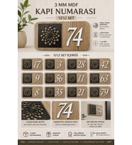 Kişiye Özel 12’li Modern Ahşap Kapı Numarası Seti 3 mm MDF Lazer Kesim - Akçaağaç