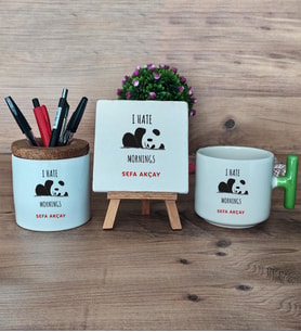 Sevimli Panda Hediye Sepeti Kupa Bardak T Kulplu, Kalemlik ve Dekoratif Taş Arkadaşa Hediye (Model 8)