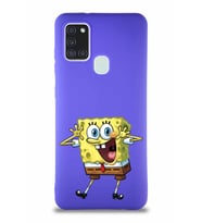 Samsung Galaxy A21S Soft Premier Kapak Sünger Bob Tasarımlı Silikon Kılıf - Mor (Şeffaf)