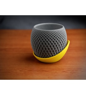 3D Baskı Küre Saksı - Kafes Dokulu İki Parçalı Dekoratif Saksı - Gri-Sarı