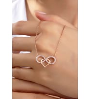 Kadın Orjinal 925 Ayar Gümüş Zirkon Taşlı Sonsuzluk Kalp Model Kolye (Rose)