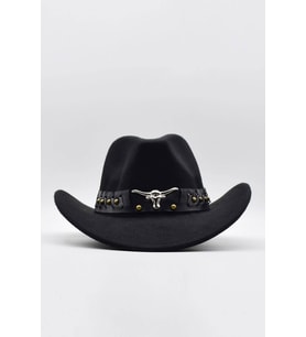 Deri Şeritli Boğa Figürlü Fötr Şapka Premium Classic Western Festival Beach Rave Hat