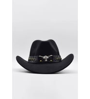 Deri Şeritli Boğa Figürlü Fötr Şapka Premium Classic Western Festival Beach Rave Hat
