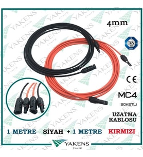 Güneş Paneli Uzatma Kablosu (1m+1m) 2 Metre 4mm Çift Taraflı Hazır Soketli Solar Ara Kablo Siyah Kırmızı (Siyah-Kırmızı)