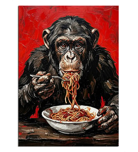 Spagetti Yiyen Şempanze Komik Tablo Dekoratif Kanvas - Mdf Ahşap Tablo