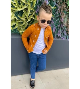 Erkek Çocuk Omzu ve Ceket Yakası Düğme Detaylı Cepli Blazer Ceketli Hardal Alt Ü