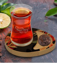 BK Gift Kişiye Özel Yapraklar Tasarımlı Doğal Ahşap Tabaklı Heybeli Çay Bardağı Sunum Seti Model 11